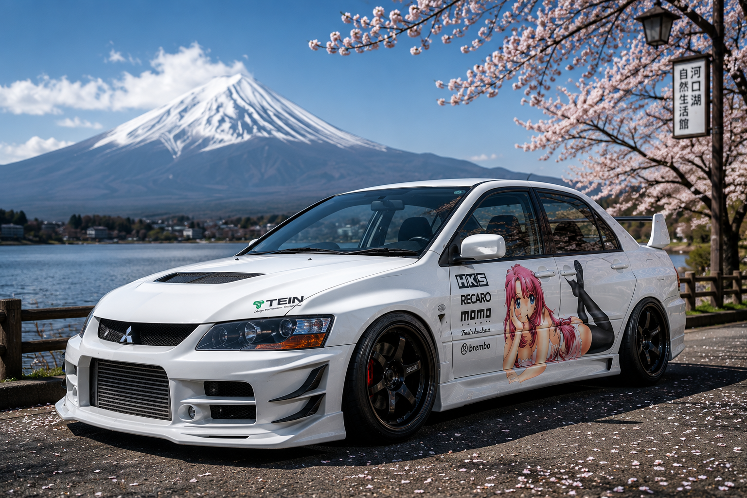 Mitsuki's modified white Mitsubishi Evo IX beside Lake Kawaguchi with Mount Fuji and cherry blossom in daylight