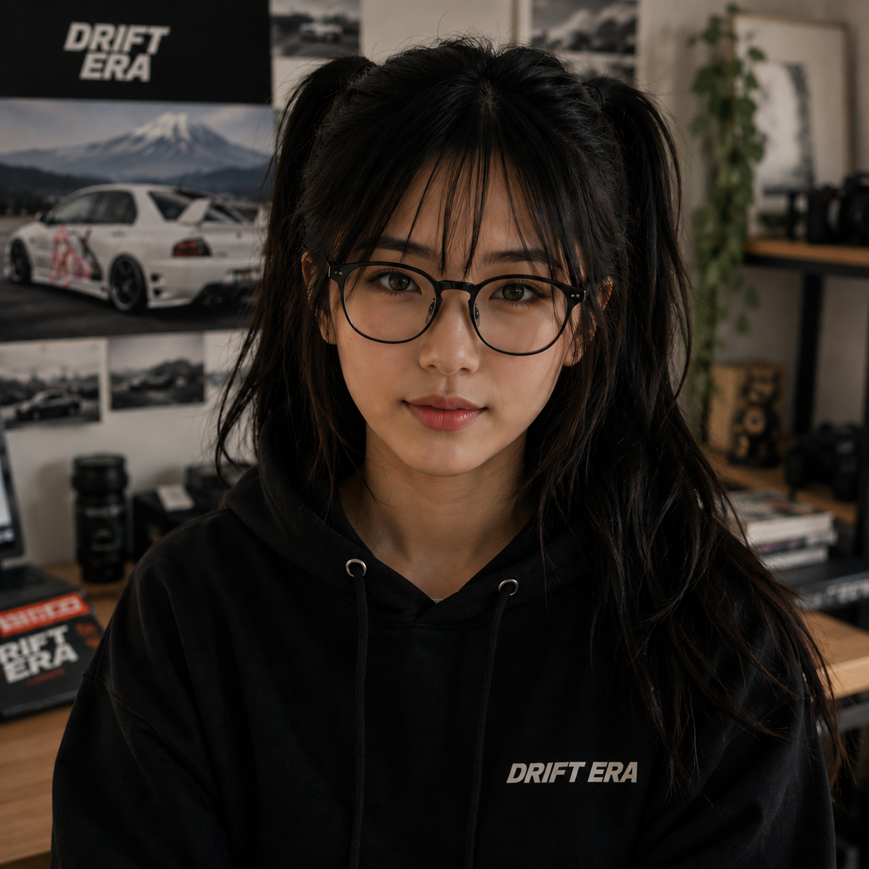 Canonical portrait of Mitsuki, Drift Era's fictional automotive photographer and narrator