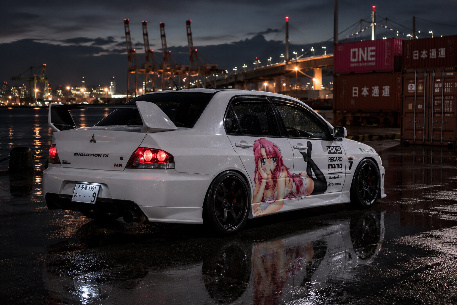 Rear three-quarter view of Mitsuki's modified white Mitsubishi Evo IX at a Japanese working port after rain